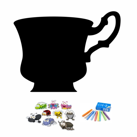 Tablica magnetyczna kredowa Filiżanka 250 - Wzór graficzny. Kształt filiżanki z kolorowymi magnesami w kształcie owadów