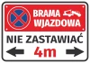 Naklejka Brama wjazdowa, nie zastawiać, z polem na szerokość bramy - Wzór graficzny. Czerwone tło z niebieskim symbolem