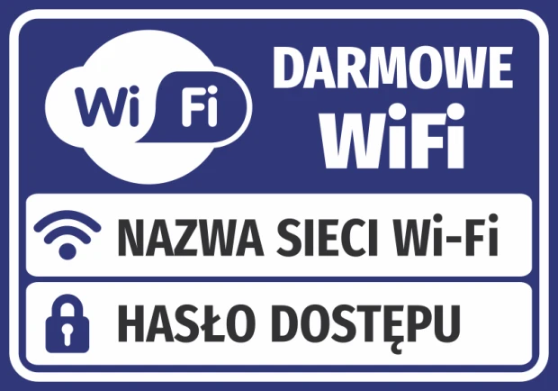 Niebieska naklejka informacyjna Darmowe WiFi z piktogramami oraz polami na wpisanie nazwy sieci i hasła