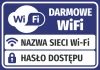 Naklejka Darmowe WiFi, z polami na dane dostępowe - Wzór graficzny. Grafika zawiera symbole WiFi oraz pola na nazwę sieci