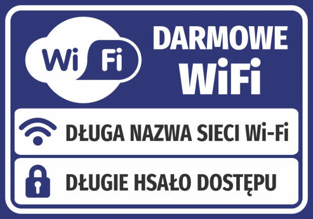 Niebieska naklejka informacyjna Darmowe WiFi na białym tle, z piktogramami i miejscem na nazwę sieci oraz hasło
