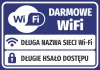 Naklejka Darmowe WiFi, z polami na dane dostępowe - Wzór graficzny. Grafika na niebieskim tle z białymi ikonami WiFi