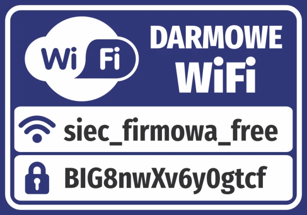 Niebieska naklejka Darmowe WiFi z przykładowymi danymi dostępowymi wpisanymi w pola nazwy sieci i hasła