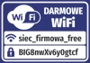 Naklejka Darmowe WiFi, z polami na dane dostępowe - Wzór graficzny. Grafika zawiera logo WiFi oraz tekst w kolorze białym