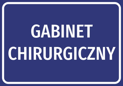 Niebieska naklejka informacyjna z przykładowym napisem Gabinet Chirurgiczny, wzór na białym tle