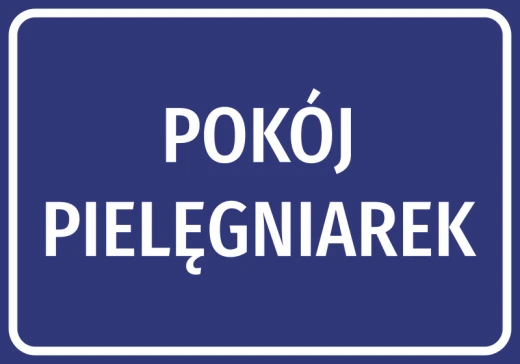 Niebieska naklejka informacyjna z przykładowym napisem Pokój Pielęgniarek, wzór na białym tle