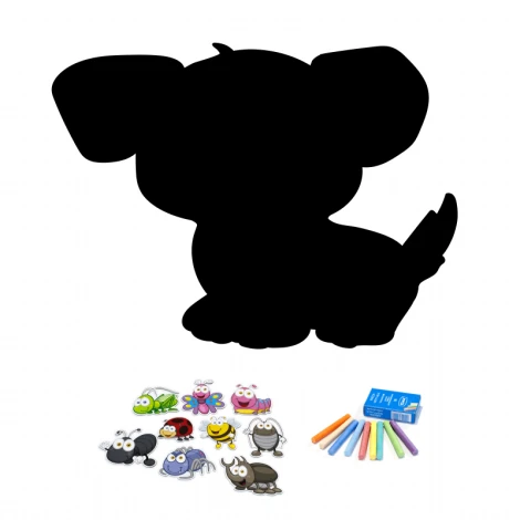 Tablica magnetyczna kredowa dla dzieci Piesek 395 - Wzór graficzny. Kształt psa z kolorowymi magnesami w formie owadów