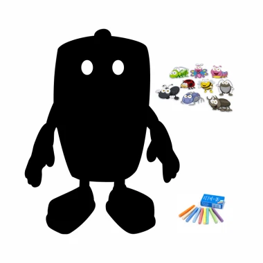 Tablica magnetyczna kredowa dla dziecka Robot 404 - Wzór graficzny. Postać robota z dużymi oczami, obok kolorowe kredki