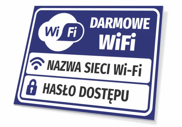 Tabliczka Darmowe WiFi z przykładowym napisem NAZWA SIECI Wi-Fi oraz HASŁO DOSTĘPU na białym tle