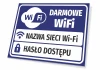 Tabliczka Darmowe WiFi, z polami na dane dostępowe - Wzór graficzny. Prostokątna tabliczka z niebieskim tłem, białym tekstem