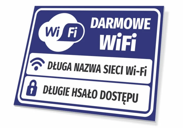 Tabliczka Darmowe WiFi z polami na nazwę sieci i hasło, pokazana pod kątem jako gotowy produkt na białym tle
