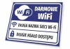 Tabliczka Darmowe WiFi, z polami na dane dostępowe - Wzór graficzny. Prostokątna tabliczka z niebieskim tłem, białym tekstem