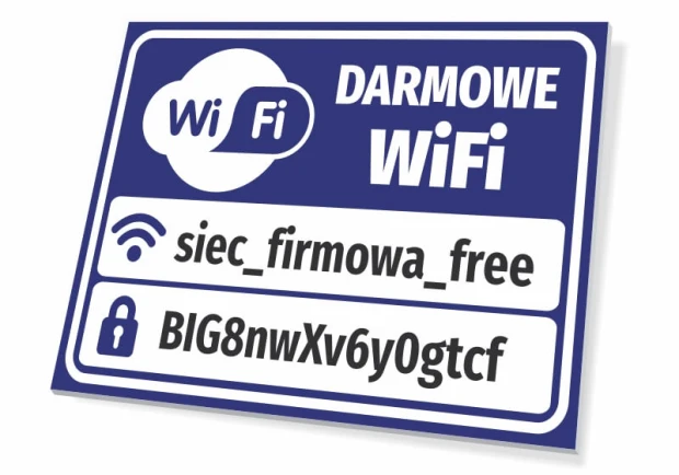Tabliczka DARMOWE WiFi z przykładowymi danymi sieci i hasła, pokazana pod kątem na białym tle