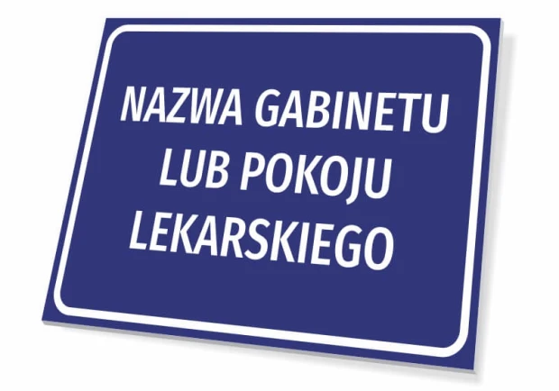 Tabliczka Gabinet, pokój lekarski, z polem na nazwę - Wzór graficzny. Prostokątna tabliczka z niebieskim tłem i białym