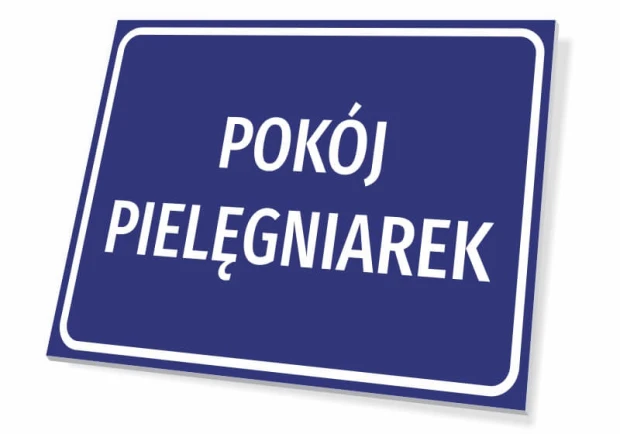 Tabliczka Gabinet, pokój lekarski, z polem na nazwę - Wzór graficzny. Prostokątna tabliczka z niebieskim tłem i białym