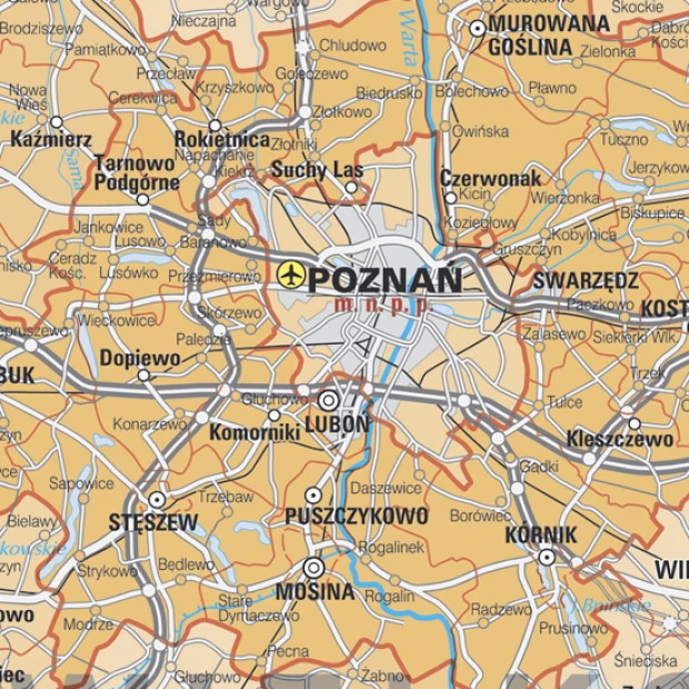 Administracyjna mapa Polski nakładka magnetyczna - Wzór graficzny. Mapa przedstawia kontury Polski z miastami i drogami