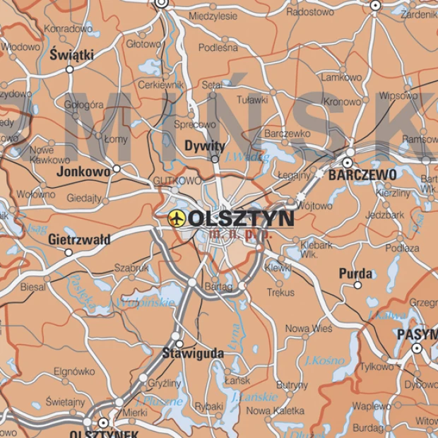 Administracyjna mapa Polski nakładka magnetyczna - Wzór graficzny. Mapa przedstawia kontury miast, rzek i dróg w kolorze