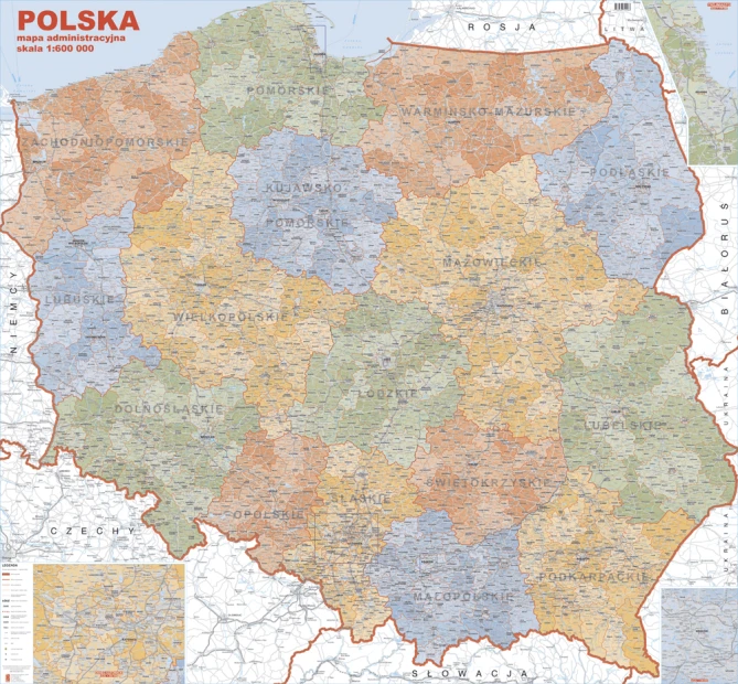 Administracyjna mapa Polski nakładka magnetyczna - Wzór graficzny. Mapa przedstawia granice województw w różnych kolorach