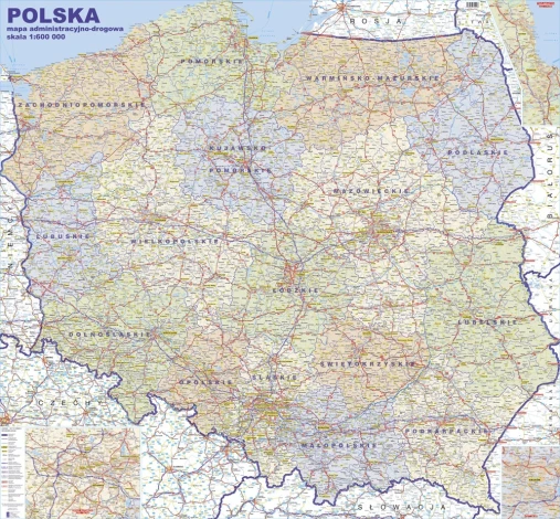 Mapa administracyjno drogowa Polski nakładka magnetyczna - Wzór graficzny. Mapa przedstawia kontury Polski z podziałem