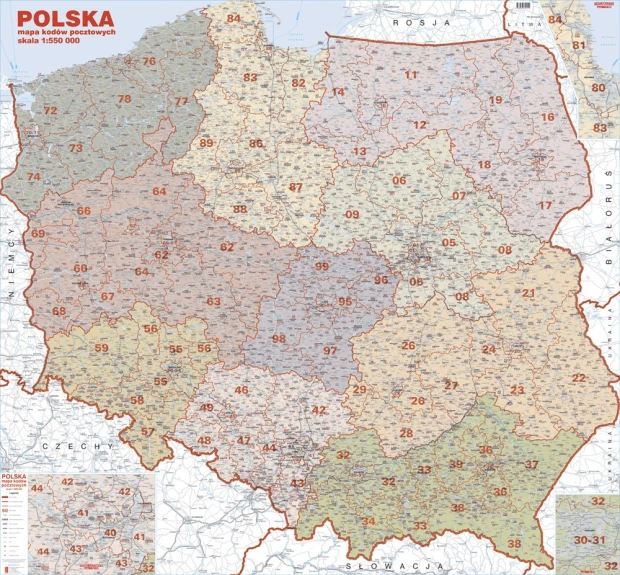 Kody pocztowe Polski tablica magnetyczna suchościeralna - Wzór graficzny. Mapa Polski z podziałem na kody pocztowe w różnych