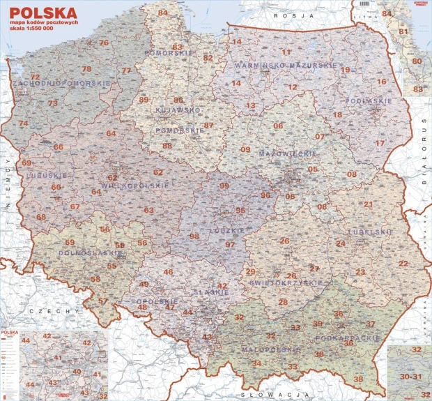 Kody pocztowe Polski tablica magnetyczna suchościeralna - Wzór graficzny. Mapa Polski z podziałem na województwa i numery