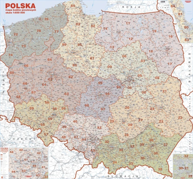 Kody pocztowe Polski tablica magnetyczna suchościeralna - Wzór graficzny. Mapa z podziałem na regiony, numery kodów