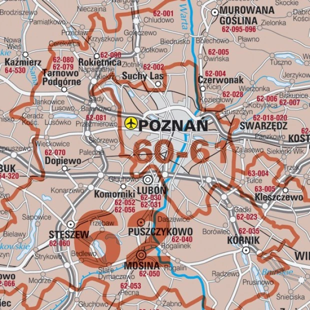 Kody pocztowe Polski tablica magnetyczna suchościeralna - Wzór graficzny. Mapa z wyraźnymi granicami miast i kodami