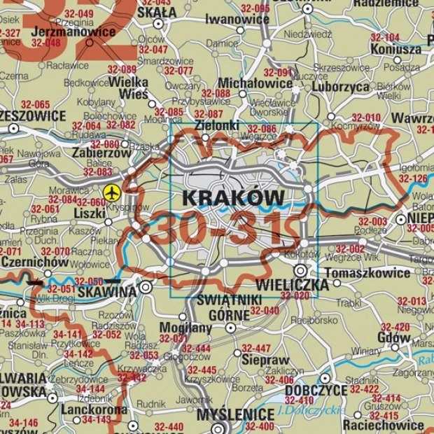 Kody pocztowe Polski tablica magnetyczna suchościeralna - Wzór graficzny. Mapa z wyraźnymi granicami miast i kodami