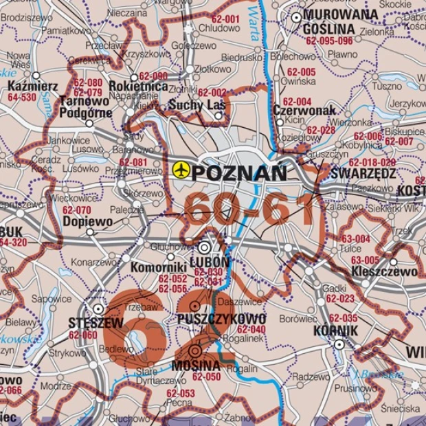 Kody pocztowe Polski tablica magnetyczna suchościeralna - Wzór graficzny. Mapa z wyraźnymi granicami, nazwami miejscowości