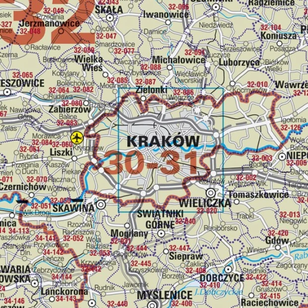 Kody pocztowe Polski tablica magnetyczna suchościeralna - Wzór graficzny. Mapa z wyraźnymi granicami miast i kodami