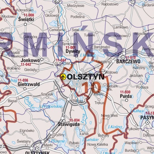Kody pocztowe Polski tablica magnetyczna suchościeralna - Wzór graficzny. Mapa z granicami miast i oznaczeniami kodów