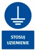 Naklejka BHP z piktogramem Stosuj uziemienie - Wzór graficzny. Okrągły niebieski symbol z pionową linią i poziomymi