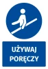 Naklejka BHP z piktogramem Używaj poręczy - Wzór graficzny. Okrągły niebieski symbol z postacią trzymającą poręcz
