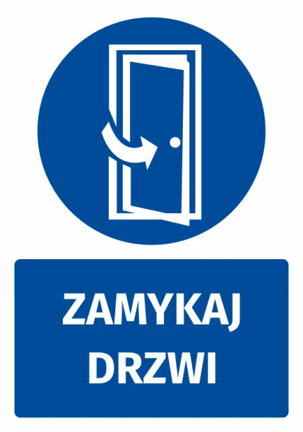 Naklejka BHP z piktogramem Zamykaj drzwi - Wzór graficzny. Okrągły niebieski znak z białym rysunkiem otwierających się