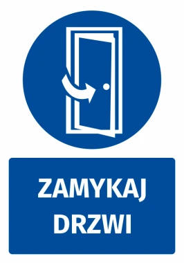 Naklejka BHP z piktogramem Zamykaj drzwi - Wzór graficzny. Okrągły niebieski znak z białym rysunkiem otwierających się