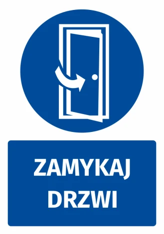 Naklejka BHP z piktogramem Zamykaj drzwi - Wzór graficzny. Okrągły niebieski znak z białym rysunkiem otwierających się