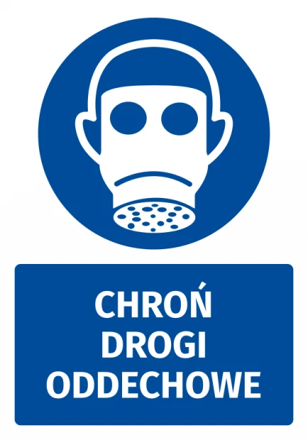 Naklejka BHP z piktogramem Chroń drogi oddechowe - Wzór graficzny. Okrągły niebieski znak z białym wizerunkiem maski
