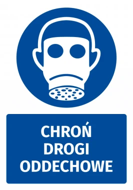 Naklejka BHP z piktogramem Chroń drogi oddechowe - Wzór graficzny. Okrągły niebieski znak z białym wizerunkiem maski