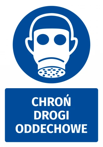 Naklejka BHP z piktogramem Chroń drogi oddechowe - Wzór graficzny. Okrągły niebieski znak z białym wizerunkiem maski