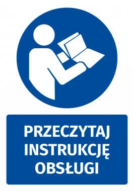 Naklejka BHP z piktogramem Przeczytaj instrukcję obsługi - Wzór graficzny. Okrągły piktogram przedstawia postać trzymającą