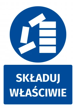 Naklejka BHP z piktogramem Składuj właściwie - Wzór graficzny. Okrągły niebieski kształt z białymi elementami