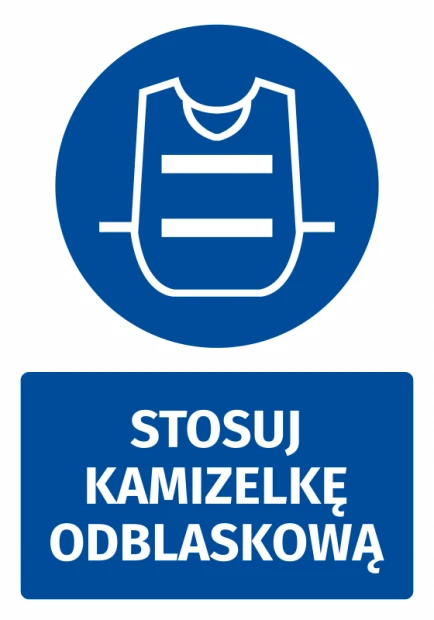 Naklejka BHP z piktogramem Stosuj kamizelkę odblaskową - Wzór graficzny. Okrągły piktogram z kamizelką na niebieskim tle
