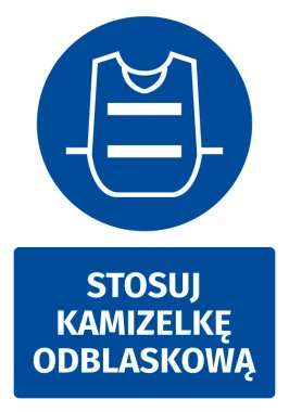 Naklejka BHP z piktogramem Stosuj kamizelkę odblaskową - Wzór graficzny. Okrągły piktogram z kamizelką na niebieskim tle