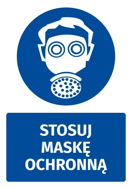 Naklejka BHP z piktogramem Stosuj maskę ochronną - Wzór graficzny. Okrągły piktogram z postacią w masce ochronnej. Tekst