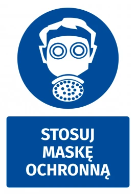 Naklejka BHP z piktogramem Stosuj maskę ochronną - Wzór graficzny. Okrągły piktogram z postacią w masce ochronnej. Tekst