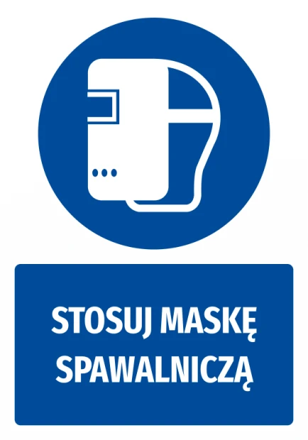 Naklejka BHP z piktogramem Stosuj maskę spawalniczą - Wzór graficzny. Okrągły piktogram z wizerunkiem maski spawalniczej