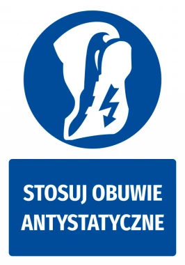 Naklejka BHP z piktogramem Stosuj obuwie antystatyczne - Wzór graficzny. Okrągły kształt z niebieskim tłem i białym symbolem