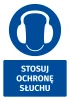 Naklejka BHP z piktogramem Stosuj ochronę słuchu - Wzór graficzny. Okrągły kształt z niebieskim tłem i białymi słuchawkami