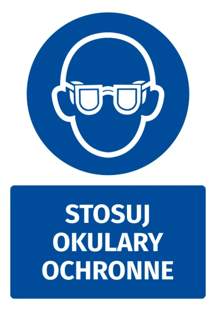 Naklejka BHP z piktogramem Stosuj okulary ochronne - Wzór graficzny. Okrągły piktogram przedstawia postać z okularami