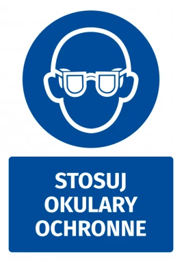 Naklejka BHP z piktogramem Stosuj okulary ochronne - Wzór graficzny. Okrągły piktogram przedstawia postać z okularami
